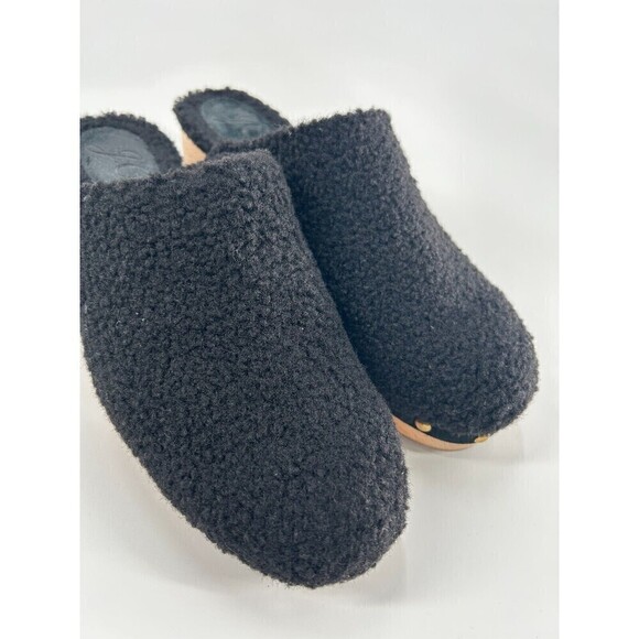 J. Crew Women's Size 9 Black Sherpa Heeled Clogs Wooden Sole Heel Boho Sherpa - Picture 5 of 13